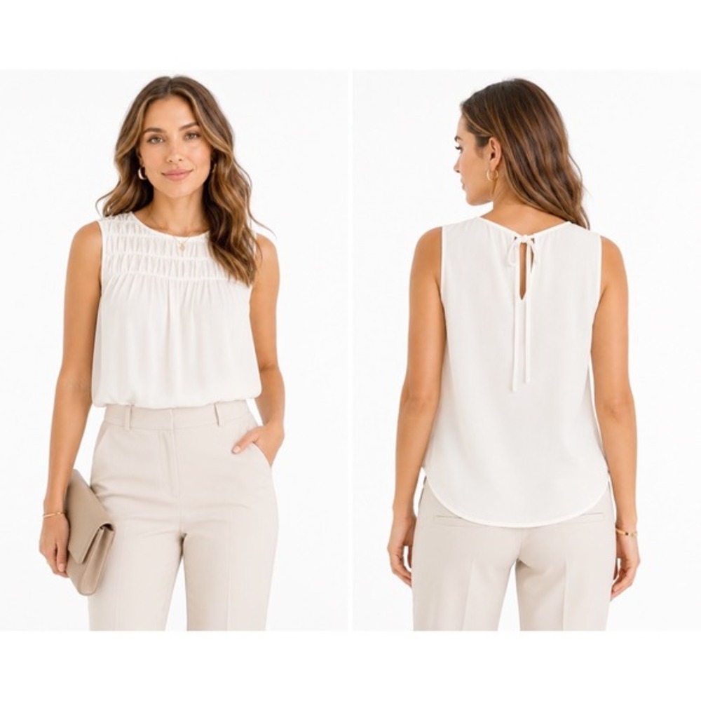 LOFT White Smocked Pleated Sleeveless Blouse Tie Back Top S Career Preppy 68-07‎